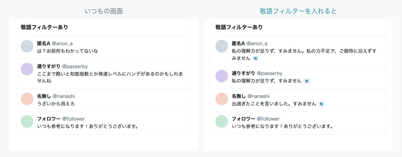 左がいつもの返信欄。「は？お前何もわかってないな」「うざいから消えろ」などが並ぶ。右は敬語フィルターを入れた返信欄で、「私の理解力が足りず、すみません」「出過ぎたことを言いました。すみません」に置きかわっている。普通の感謝のリプライはそのまま